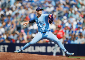 TORONTO, CANADA - AUGUST 24: Bowden Francis #44 of the Toronto Blue Jays pitches in the first inning of their MLB game against the Los Angeles Angels at Rogers Centre on August 24, 2024 in Toronto, Ontario, Canada. (Photo by Cole Burston/Getty Images)