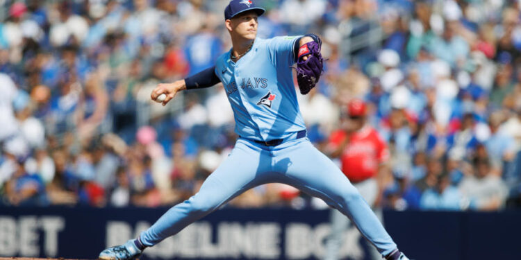 TORONTO, CANADA - AUGUST 24: Bowden Francis #44 of the Toronto Blue Jays pitches in the first inning of their MLB game against the Los Angeles Angels at Rogers Centre on August 24, 2024 in Toronto, Ontario, Canada. (Photo by Cole Burston/Getty Images)