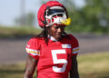 ST. JOSEPH, MO - AUGUST 02: Kansas City Chiefs wide receiver Marquise Brown (5) during training camp on August 2, 2024 at Missouri Western State University in St. Joseph, MO. (Photo by Scott Winters/Icon Sportswire via Getty Images)