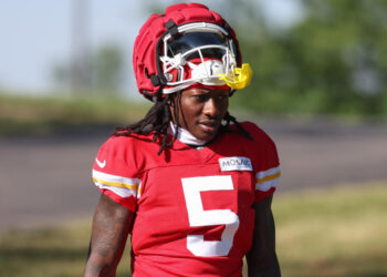 ST. JOSEPH, MO - AUGUST 02: Kansas City Chiefs wide receiver Marquise Brown (5) during training camp on August 2, 2024 at Missouri Western State University in St. Joseph, MO. (Photo by Scott Winters/Icon Sportswire via Getty Images)