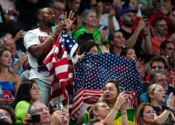 Jonathan Owens and Nellie Biles, husband and mother of USA's Simone Biles during the artistic gymnastics, women's team final, at Bercy Arena on the fourth day of the 2024 Paris Olympic Games in France. Picture date: Tuesday July 30, 2024. (Photo by Mike Egerton/PA Images via Getty Images)