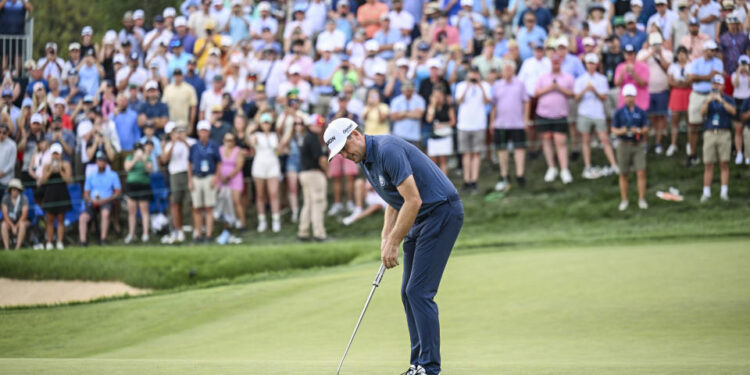 CASTLE ROCK, COLORADO - AUGUST 25:  Keegan Bradley misses a par putt on the 18th hole green during the final round of the BMW Championship, the second event of the FedExCup Playoffs, at Castle Pines Golf Club on August 25, 2024 in Castle Rock, Colorado. (Photo by Keyur Khamar/PGA TOUR via Getty Images)