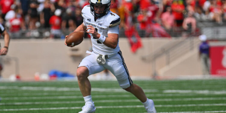 ALBUQUERQUE, NEW MEXICO - AUGUST 24: Quarterback Tommy Mellott #4 of the Montana State Bobcats runs for yardage against the New Mexico Lobos during the first half of their game at University Stadium on August 24, 2024 in Albuquerque, New Mexico. (Photo by Sam Wasson/Getty Images)