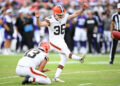 CLEVELAND, OHIO - AUGUST 17: Cade York #36 of the Cleveland Browns kicks a 33-yard field goal during the second half of a preseason game against the Minnesota Vikings at Cleveland Browns Stadium on August 17, 2024 in Cleveland, Ohio. (Photo by Nick Cammett/Getty Images)