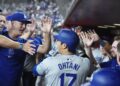 Los Angeles Dodgers designated hitter Shohei Ohtani, of Japan, celebrates his home run.