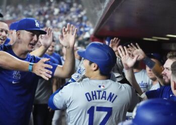 Los Angeles Dodgers designated hitter Shohei Ohtani, of Japan, celebrates his home run.