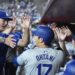 Los Angeles Dodgers designated hitter Shohei Ohtani, of Japan, celebrates his home run.