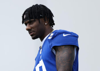 EAST RUTHERFORD, NEW JERSEY - MAY 30: Malik Nabers #9 of the New York Giants looks on during OTA Offseason Workouts at NY Giants Quest Diagnostics Training Center on May 30, 2024 in East Rutherford, New Jersey. (Photo by Luke Hales/Getty Images)