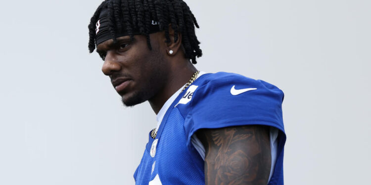 EAST RUTHERFORD, NEW JERSEY - MAY 30: Malik Nabers #9 of the New York Giants looks on during OTA Offseason Workouts at NY Giants Quest Diagnostics Training Center on May 30, 2024 in East Rutherford, New Jersey. (Photo by Luke Hales/Getty Images)