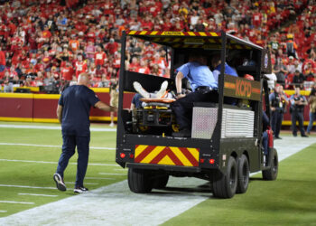 Chicago Bears defensive back Douglas Coleman III is taken off the field on a cart after being injured during the second half of an NFL preseason football game against the Kansas City Chiefs Thursday, Aug. 22, 2024, in Kansas City, Mo. (AP Photo/Charlie Riedel)