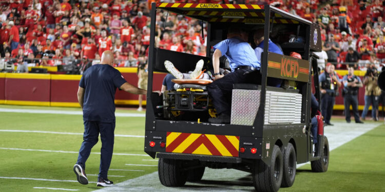 Chicago Bears defensive back Douglas Coleman III is taken off the field on a cart after being injured during the second half of an NFL preseason football game against the Kansas City Chiefs Thursday, Aug. 22, 2024, in Kansas City, Mo. (AP Photo/Charlie Riedel)