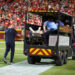 Chicago Bears defensive back Douglas Coleman III is taken off the field on a cart after being injured during the second half of an NFL preseason football game against the Kansas City Chiefs Thursday, Aug. 22, 2024, in Kansas City, Mo. (AP Photo/Charlie Riedel)