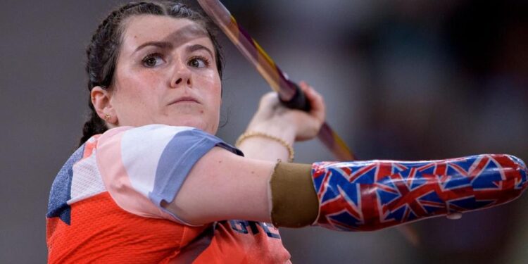 Hollie Arnold of Britain competes in the womens javelin F46 final at the Tokyo 2020 Paralympic Games