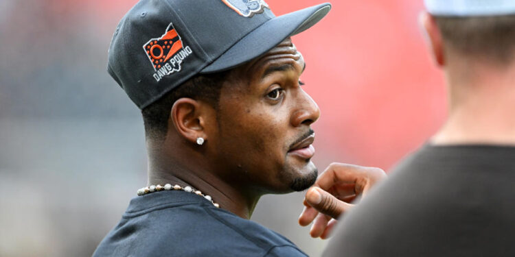 CLEVELAND, OHIO - AUGUST 17: Deshaun Watson #4 of the Cleveland Browns looks on prior to a preseason game against the Minnesota Vikings at Cleveland Browns Stadium on August 17, 2024 in Cleveland, Ohio. (Photo by Nick Cammett/Diamond Images via Getty Images)