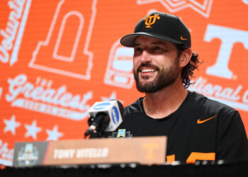 OMAHA, NEBRASKA - JUNE 24: Head coach Tony Vitello of the Tennessee Volunteers talks to the media after defeating the Texas A&M Aggies to win the Division I Men's Baseball Championship held at Charles Schwab Field on June 24, 2024 in Omaha, Nebraska.  (Photo by C. Morgan Engel/NCAA Photos via Getty Images)