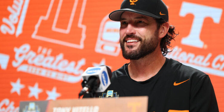 OMAHA, NEBRASKA - JUNE 24: Head coach Tony Vitello of the Tennessee Volunteers talks to the media after defeating the Texas A&M Aggies to win the Division I Men's Baseball Championship held at Charles Schwab Field on June 24, 2024 in Omaha, Nebraska.  (Photo by C. Morgan Engel/NCAA Photos via Getty Images)