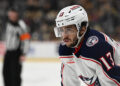 PITTSBURGH, PENNSYLVANIA - MARCH 28: Johnny Gaudreau #13 of the Columbus Blue Jackets looks on in the second period during the game against the Pittsburgh Penguins at PPG PAINTS Arena on March 28, 2024 in Pittsburgh, Pennsylvania. (Photo by Justin Berl/Getty Images)