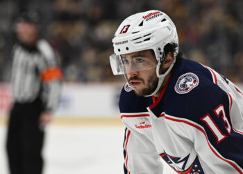 PITTSBURGH, PENNSYLVANIA - MARCH 28: Johnny Gaudreau #13 of the Columbus Blue Jackets looks on in the second period during the game against the Pittsburgh Penguins at PPG PAINTS Arena on March 28, 2024 in Pittsburgh, Pennsylvania. (Photo by Justin Berl/Getty Images)