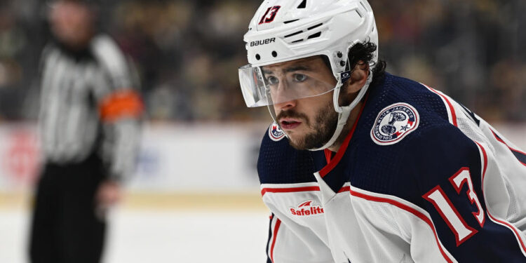 PITTSBURGH, PENNSYLVANIA - MARCH 28: Johnny Gaudreau #13 of the Columbus Blue Jackets looks on in the second period during the game against the Pittsburgh Penguins at PPG PAINTS Arena on March 28, 2024 in Pittsburgh, Pennsylvania. (Photo by Justin Berl/Getty Images)