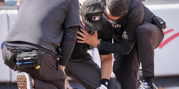 Nick Mahrley was carried off the field on a stretcher after being hit in the head with the barrel of Giancarlo Stanton's bat. (AP Photo/Bryan Woolston)