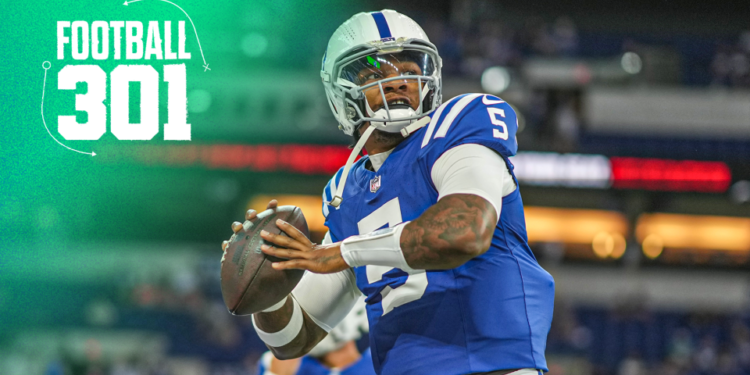 INDIANAPOLIS, IN - AUGUST 11: Quarterback Anthony Richardson #5 of the Indianapolis Colts throws a pass prior an NFL preseason football game against Denver Broncos at Lucas Oil Stadium on August 11, 2024 in Indianapolis, Indiana. (Photo by Todd Rosenberg/Getty Images)