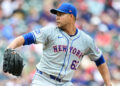 May 22, 2024; Cleveland, Ohio, USA; New York Mets starting pitcher Jose Quintana (62) throws a pitch during the first inning against the Cleveland Guardians at Progressive Field.