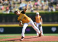 Aug 25, 2024; Williamsport, PA, USA; Southeast Region pitcher Jacob Bibaud (12) throws a pitch against Asia-Pacific Region in the first inning at Lamade Stadium. Mandatory Credit: Kyle Ross-USA TODAY Sports