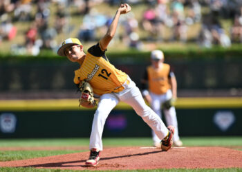 Aug 25, 2024; Williamsport, PA, USA; Southeast Region pitcher Jacob Bibaud (12) throws a pitch against Asia-Pacific Region in the first inning at Lamade Stadium. Mandatory Credit: Kyle Ross-USA TODAY Sports