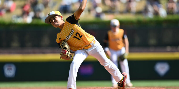 Aug 25, 2024; Williamsport, PA, USA; Southeast Region pitcher Jacob Bibaud (12) throws a pitch against Asia-Pacific Region in the first inning at Lamade Stadium. Mandatory Credit: Kyle Ross-USA TODAY Sports