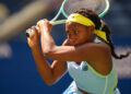 Tennis: US Open: Coco Gauff of the United States in action, hits the ball vs Varvara Gracheva of France during the Women's Singles First Round match at Billie Jean King Tennis Center. 
Flushing, NY 8/26/2024 
CREDIT: Erick W. Rasco (Photo by Erick W. Rasco/Sports Illustrated via Getty Images) 
(Set Number: X164598 TK1)