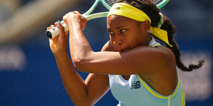 Tennis: US Open: Coco Gauff of the United States in action, hits the ball vs Varvara Gracheva of France during the Women's Singles First Round match at Billie Jean King Tennis Center. 
Flushing, NY 8/26/2024 
CREDIT: Erick W. Rasco (Photo by Erick W. Rasco/Sports Illustrated via Getty Images) 
(Set Number: X164598 TK1)