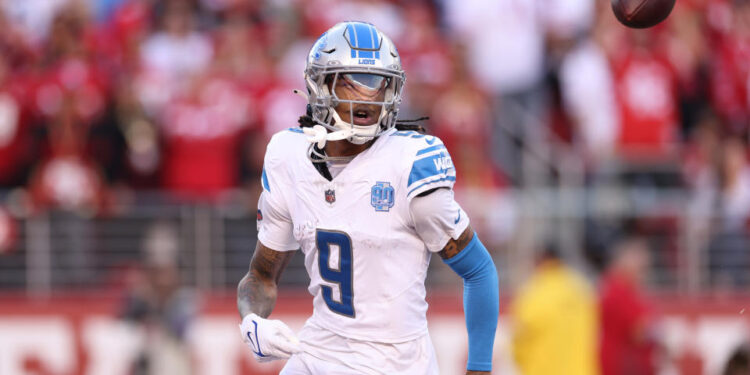 Jameson Williams of the Detroit Lions had a strong finish to his second NFL season. (Photo by Ezra Shaw/Getty Images)