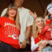 KANSAS CITY, MISSOURI - OCTOBER 22: Taylor Swift and Brittany Mahomes react during a game between the Los Angeles Chargers and Kansas City Chiefs at GEHA Field at Arrowhead Stadium on October 22, 2023 in Kansas City, Missouri. (Photo by David Eulitt/Getty Images)