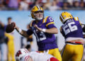 TAMPA, FL - JANUARY 01: LSU Tigers quarterback Garrett Nussmeier (13) passes the ball during the ReliaQuest Bowl against the Wisconsin Badgers on January 1, 2024 at Raymond James Stadium in Tampa, Florida. (Photo by Joe Robbins/Icon Sportswire via Getty Images)