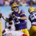 TAMPA, FL - JANUARY 01: LSU Tigers quarterback Garrett Nussmeier (13) passes the ball during the ReliaQuest Bowl against the Wisconsin Badgers on January 1, 2024 at Raymond James Stadium in Tampa, Florida. (Photo by Joe Robbins/Icon Sportswire via Getty Images)