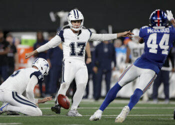 Dallas Cowboys kicker Brandon Aubrey missed a field goal that was huge for bettors. (AP Photo/Adam Hunger)