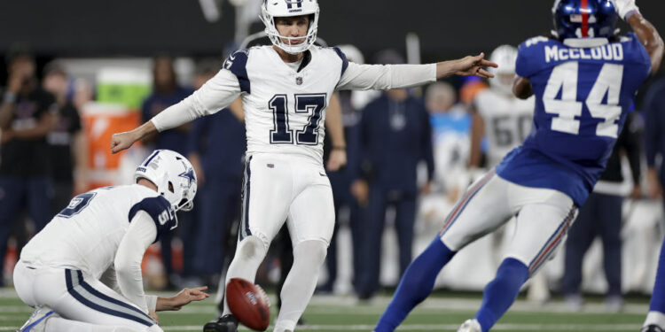 Dallas Cowboys kicker Brandon Aubrey missed a field goal that was huge for bettors. (AP Photo/Adam Hunger)