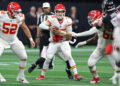 ATLANTA, GEORGIA - SEPTEMBER 22: Patrick Mahomes #15 of the Kansas City Chiefs is pressured by Arnold Ebiketie #17 of the Atlanta Falcons during the second quarter at Mercedes-Benz Stadium on September 22, 2024 in Atlanta, Georgia. (Photo by Kevin C. Cox/Getty Images)