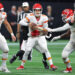 ATLANTA, GEORGIA - SEPTEMBER 22: Patrick Mahomes #15 of the Kansas City Chiefs is pressured by Arnold Ebiketie #17 of the Atlanta Falcons during the second quarter at Mercedes-Benz Stadium on September 22, 2024 in Atlanta, Georgia. (Photo by Kevin C. Cox/Getty Images)