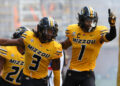 COLUMBIA, MO - SEPTEMBER 14: Missouri Tigers wide receivers Luther Burden III (3) and Theo Wease Jr. (1) after Burden's touchdown in the second quarter of a college football game between the Boston College Eagles and Missouri Tigers on September 14, 2024 at Memorial Stadium in Columbia, MO. (Photo by Scott Winters/Icon Sportswire via Getty Images)