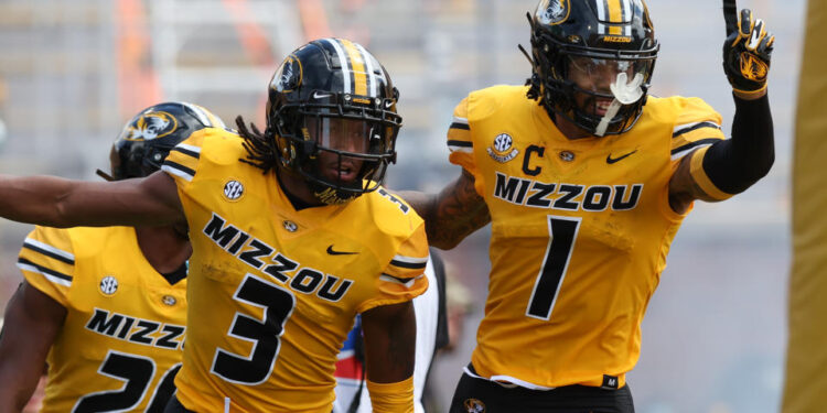 COLUMBIA, MO - SEPTEMBER 14: Missouri Tigers wide receivers Luther Burden III (3) and Theo Wease Jr. (1) after Burden's touchdown in the second quarter of a college football game between the Boston College Eagles and Missouri Tigers on September 14, 2024 at Memorial Stadium in Columbia, MO. (Photo by Scott Winters/Icon Sportswire via Getty Images)