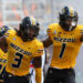 COLUMBIA, MO - SEPTEMBER 14: Missouri Tigers wide receivers Luther Burden III (3) and Theo Wease Jr. (1) after Burden's touchdown in the second quarter of a college football game between the Boston College Eagles and Missouri Tigers on September 14, 2024 at Memorial Stadium in Columbia, MO. (Photo by Scott Winters/Icon Sportswire via Getty Images)