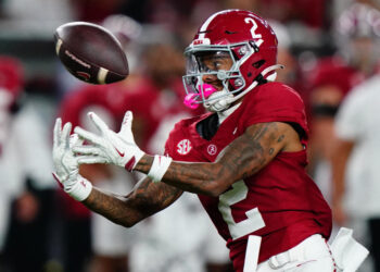 Sep 28, 2024; Tuscaloosa, Alabama, USA;  Alabama Crimson Tide wide receiver Ryan Williams (2) reaches for a pass against the Georgia Bulldogs during the third quarter at Bryant-Denny Stadium. Mandatory Credit: John David Mercer-Imagn Images