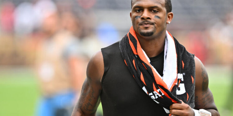 CLEVELAND, OHIO - SEPTEMBER 22: Quarterback Deshaun Watson #4 of the Cleveland Browns reacts after his team was defeated by the New York Giants at Cleveland Browns Stadium on September 22, 2024 in Cleveland, Ohio. (Photo by Jason Miller/Getty Images)