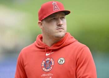 ANAHEIM, CA - SEPTEMBER 15: Mike Trout of the Los Angeles Angels before an MLB game between the Houston Astros and the Los Angeles Angels on September 15, 2024, at Angel Stadium in Anaheim, CA. (Photo by John McCoy/Icon Sportswire via Getty Images)