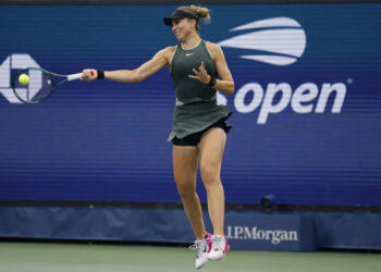 Sep 1, 2024; Flushing, NY, USA; Paula Badosa (ESP) hits a forehand against Yafan Wang (CHN) (not pictured) in a women's singles match on day seven of the 2024 U.S. Open tennis tournament at USTA Billie Jean King National Tennis Center. Mandatory Credit: Geoff Burke-USA TODAY Sports