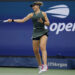 Sep 1, 2024; Flushing, NY, USA; Paula Badosa (ESP) hits a forehand against Yafan Wang (CHN) (not pictured) in a women's singles match on day seven of the 2024 U.S. Open tennis tournament at USTA Billie Jean King National Tennis Center. Mandatory Credit: Geoff Burke-USA TODAY Sports