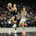 LAS VEGAS, NEVADA - SEPTEMBER 24: Kelsey Plum #10 of the Las Vegas Aces drives to the basket ahead of Skylar Diggins-Smith #4 of the Seattle Storm in the third quarter of Game Two of the 2024 WNBA Playoffs first round at Michelob ULTRA Arena on September 24, 2024 in Las Vegas, Nevada. The Aces defeated the Storm 83-76 to win the series two games to none. NOTE TO USER: User expressly acknowledges and agrees that, by downloading and or using this photograph, User is consenting to the terms and conditions of the Getty Images License Agreement. (Photo by Ethan Miller/Getty Images)