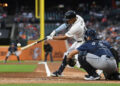 Sep 25, 2024; Detroit, Michigan, USA; Detroit Tigers right fielder Wenceel Pérez (46) hits an RBI single against the Tampa Bay Rays in the first inning at Comerica Park. Mandatory Credit: Lon Horwedel-Imagn Images