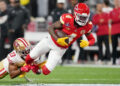 Feb 11, 2024; Paradise, Nevada, USA; San Francisco 49ers safety Logan Ryan (33) tackles Kansas City Chiefs wide receiver Rashee Rice (4) during the second quarter of Super Bowl LVIII at Allegiant Stadium. Mandatory Credit: Kirby Lee-USA TODAY Sports